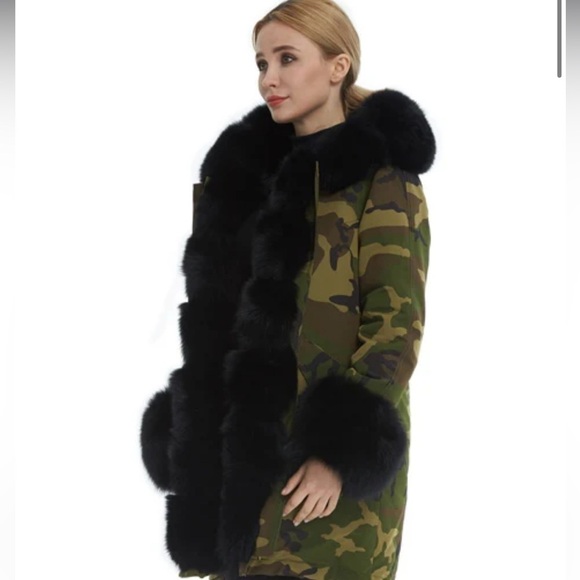 VOLARE New York Camouflage fox fur jacket army green and black size S NWT - Picture 2 of 16